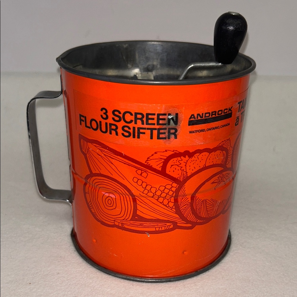 Vintage 1970’s metal with veggie design “ Three Screen Flour Sifter” by ANDROCK